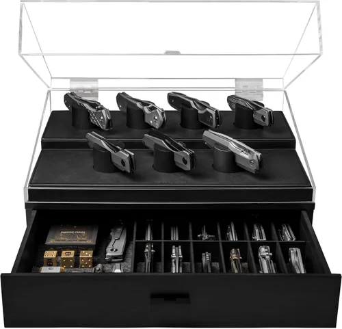 Miniatura 10 de Vitrina de cuchillos de bolsillo premium para 10 cuchillos, organizador de cuchillos de madera, almacenamiento y soporte con pilares únicos