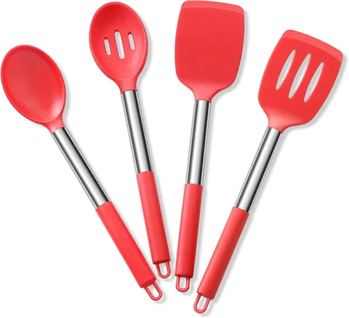 Miniatura 20 de Juego de utensilios de cocina de 4 piezas, E-far utensilios de cocina de silicona para utensilios de cocina antiadherentes, espátula ranurada Azul