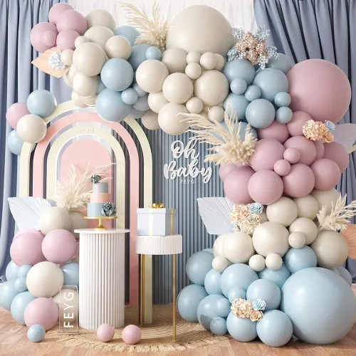 Kit de Arco de Guirnalda de Globos de Género, Globos Rosa Polvoriento y Azul Arena Blanca, Globo Bohemio Rosa Nude para Tema Neutro Baby Shower,