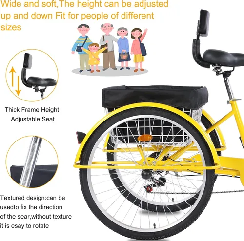 Miniatura 3 de Triciclo para adultos, triciclos para adultos de 24/26 pulgadas, bicicleta de crucero de 3 ruedas con cesta grande y asiento ajustable, triciclos
