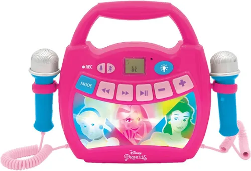 LEXiBOOK – Disney Princess – Reproductor de karaoke digital portátil para niños – Micrófonos, efectos de luz, Bluetooth, funciones de grabación y