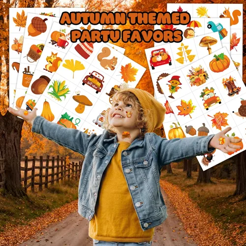 Miniatura 2 de 96 piezas de tatuajes temporales precortados para otoño y otoño, decoración de fiesta de cumpleaños, suministros de decoración de Acción de Gracias
