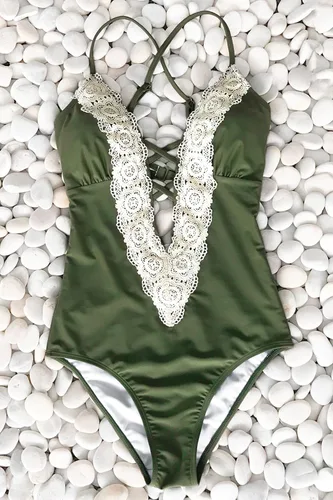 Miniatura 5 de CUPSHE Traje de baño de una pieza para mujer con encaje y cuello en V profundo