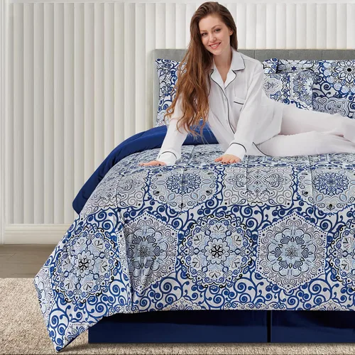 Miniatura 5 de Juego de colcha reversible LUX Décor de 4 piezas para cama individual, juego de ropa de cama impresa, microfibra en una bolsa, incluye 1 edredón, 1
