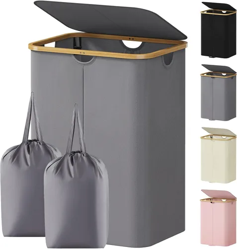 Miniatura 29 de Lifewit Cesto de Ropa Sucia Doble de 120L con Tapa, Cesto Grande Dual para Ropa Sucia con Bolsas Removibles, 2 Secciones Cestos Estéticos para Ropa
