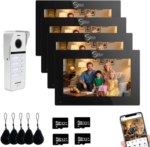 Miniatura 10 de ANJIELO SMART Sistema de intercomunicación con timbre de video con cable, 4 unidades familiares de 7 pulgadas, desbloqueo 3 en 1, detección