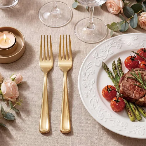 Miniatura 2 de WDF 100 tenedores de plástico dorado – Tenedores resistentes y duraderos desechables de 7.4 pulgadas – Elegantes tenedores dorados para postre