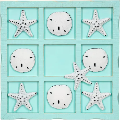 Playa Tic Tac Toe – 9 x 9 pulgadas espuma de mar azul TicTacToe Decoración para el hogar con estrellas de mar y dólares de arena de resina blanca –