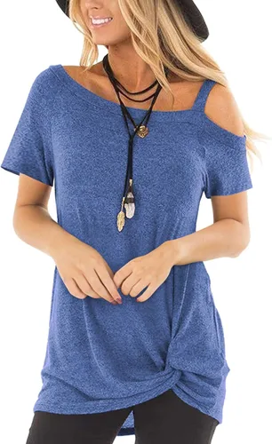 Temofon - Camisetas de mujer, sin hombros, camiseta de verano informal, de manga corta, con diseño de nudo trasero y hombros desnudos, tallas S a 2XL