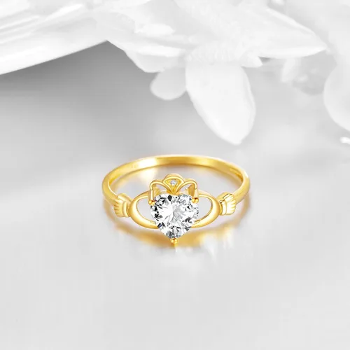 Miniatura 3 de ELFRONT Anillo de corazón de Claddagh irlandés de oro macizo de 14 quilates, joyería celta con moissanita para mujer, lealtad, promesa, compromiso