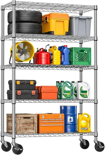 Miniatura 12 de IZEUK Estantes de almacenamiento de metal cromado de 5 niveles, estantería de alambre ajustable para cocina, baño, despensa, oficina, garaje, Cromo