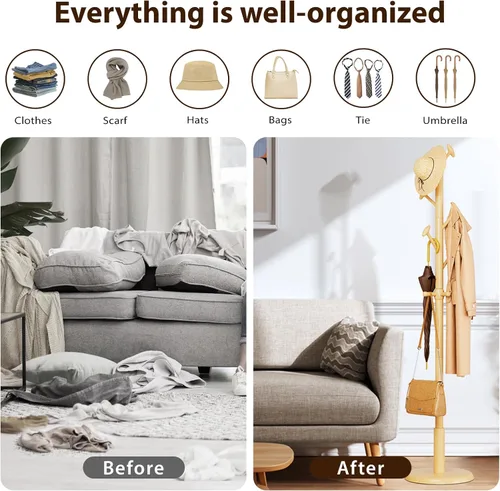 Miniatura 7 de Taitiy Perchero de madera maciza independiente con 10 ganchos para dormitorio, sala de estar, entrada, soporte resistente para colgar sombreros