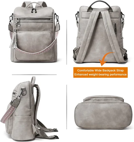 Miniatura 9 de OPAGE - Mochila de cuero para mujer, con borla de moda, bolso de hombro, mochila grande, bolsa de viaje, gris, L