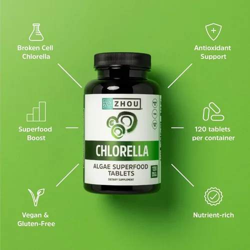 Miniatura 4 de Zhou Chlorella Tablets - Suplemento de clorella, vitaminas de clorofila, superalimento de algas verdes puras, píldoras súper alimentarias ricas