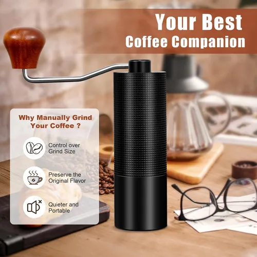 Miniatura 4 de Molinillo de café manual de 0.88 oz, molinillo de café manual CNC de acero inoxidable con ajuste de posicionamiento de doble rodamiento, molinillo
