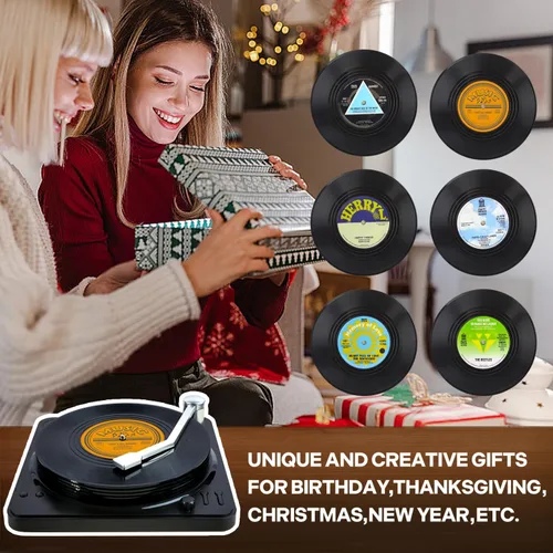 Miniatura 6 de Divertidos posavasos retro de discos para bebidas con soporte para reproductor de vinilo para amantes de la música, juego de 6 posavasos