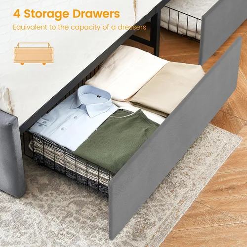 Miniatura 5 de Alkmaar Base de cama tapizada de terciopelo tamaño matrimonial con 4 cajones de almacenamiento y cabecero, base de colchón con botones cosidos