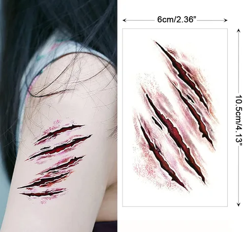 Miniatura 2 de Cara y cuerpo de terror realista de cicatriz falsa, impermeable, tatuajes temporales, calcomanías para Halloween, día del inocente, zombi, 8 hojas