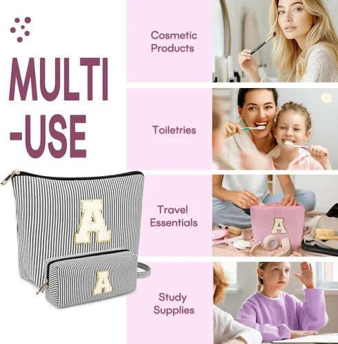 Miniatura 5 de 2 piezas de bolsas de maquillaje iniciales para mujeres: bolsa de cosméticos para viaje y artículos de tocador - Regalos de cumpleaños para niñas