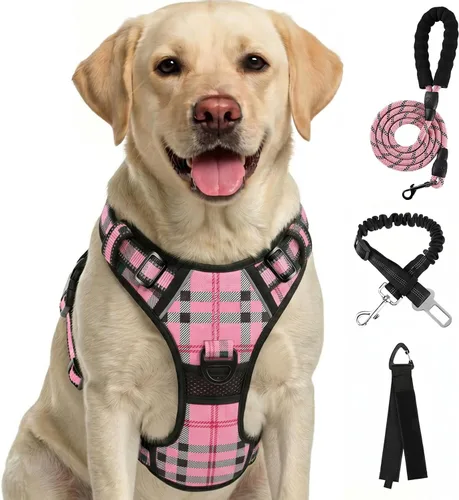 Miniatura 16 de FURRYFECTION Arnés a cuadros para perros pequeños, chaleco reflectante ajustable sin tirones para mascotas con clip frontal, correa, asa de fácil