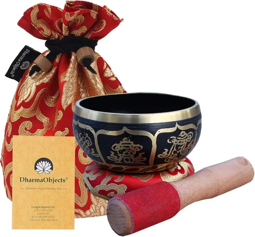 Miniatura 23 de DharmaObjects ~ Juego de cuencos tibetanos OM con mazo, cojín de brocado y bolsa de transporte ~ para meditación, curación de chakras, oración, yoga