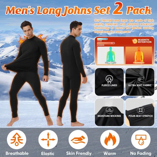 Miniatura 3 de CL convallaria 2 Pack Thermal Underwear for Men - Warm Fleece Lined Long Johns - Winter Gear Base Layer Tops & Bottoms Set