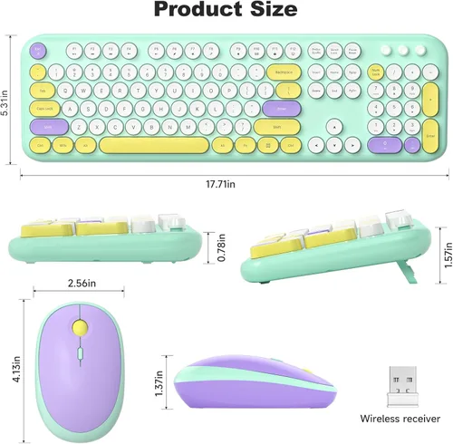 Miniatura 141 de KNOWSQT Combo de teclado y ratón inalámbrico, teclados lindos de tamaño completo estilo máquina de escribir 2.4G azul colorido - receptor USB Plug