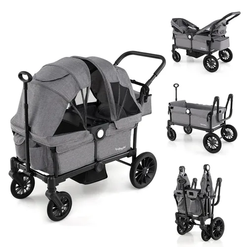 BABY JOY Cochecito vagón para 2 niños, vagón doble plegable para empujar o jalar con mango ajustable, toldo extraíble, arnés de seguridad, Gris