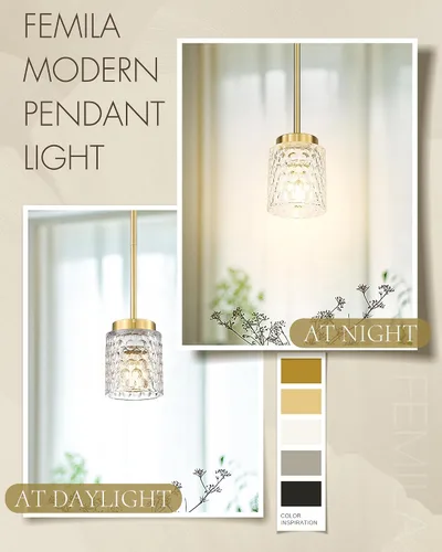 Miniatura 8 de FEMILA Lámpara Colgante Dorada, Accesorios de Iluminación Colgante de 4", Iluminación para Isla de Cocina, Vidrio Martilleado, Base E26, 4FY86MIL BG