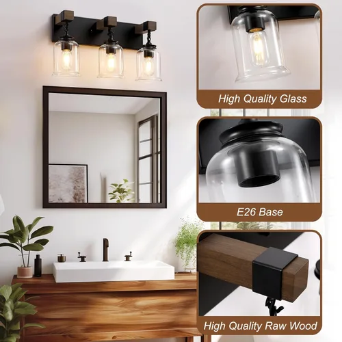 Miniatura 3 de VbiTmn Lámparas de Baño Estilo Granja, Lámpara de Tocador de Baño de 3 Luces Negro Mate, Estilo Industrial con Pantallas de Vidrio Transparente