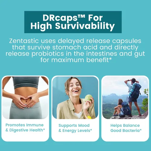Miniatura 6 de Zentastic Suplemento de probióticos y prebióticos – 50 mil millones de UFC – para hombres y mujeres, salud inmune y digestiva – 16 cepas – estable