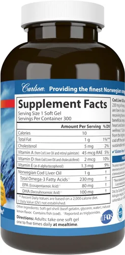 Miniatura 2 de Carlson - Gemas de aceite de hígado de bacalao, baja vitamina A, 230 mg de omega-3, noruego, capturado en la naturaleza, de origen sostenible, 300