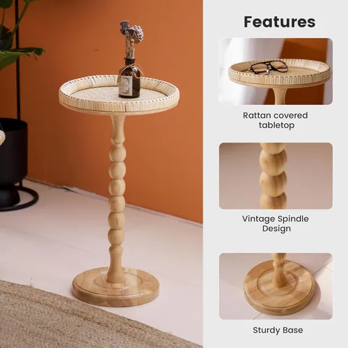 Miniatura 4 de Mesa auxiliar redonda de ratán pequeña para espacios pequeños, mesa auxiliar circular bohemia con patas de madera maciza para sala de estar, mesa