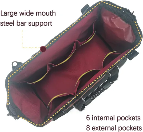 Miniatura 6 de Garden Tools Bag 16 Inch Wide Mouth Tool Bag with Molded Base and Plastic-Padded Inside Pockets for Tool Storage, 600D Polyester Fabric, Brown