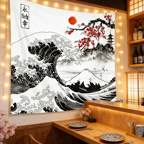 Miniatura 13 de Viajar Japanese Cherry Blossom Tapestry, Pink Sakura Landscape Wall Hanging with Red Moon Pagoda Bridge Waterfall, Asian Aesthetic Wall Decor for