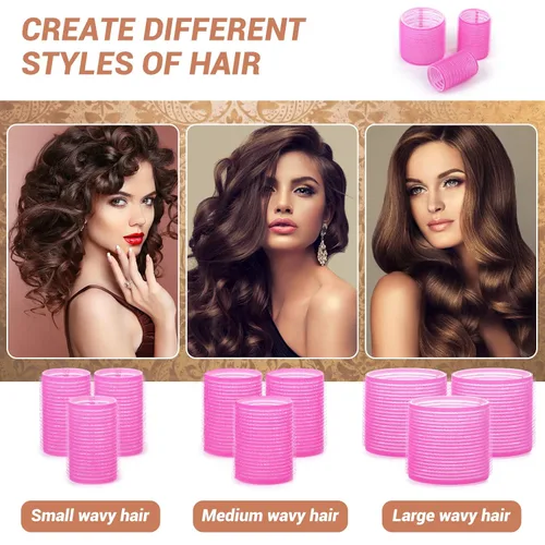 Miniatura 3 de Juego de rulos de cabello de autoagarre, 24 piezas con 3 tamaños (4 jumbo, 4 grandes, 4 medianos) y 12 clips para volumen en cabello largo, corto