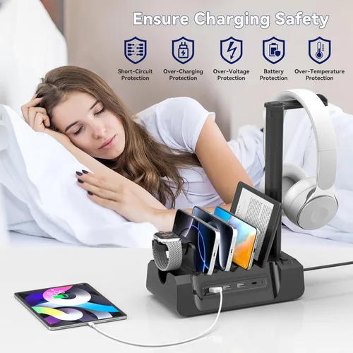 Miniatura 6 de Estación de carga KDD con 6 cables de carga - Estación de carga rápida 6 en 1 para celular con soporte para auriculares y soporte para reloj - 2