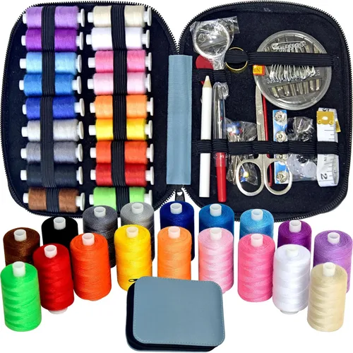 Miniatura 19 de Kit de costura con estuche, suministros de costura portátiles para el hogar, viajero, adultos, principiantes, emergencia, contiene 18 hilos