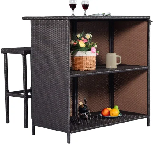 Miniatura 2 de ReunionG Juego de 3 taburetes de mimbre y mesa de mimbre para exteriores, con 2 estantes de almacenamiento para césped, piscina, patio trasero