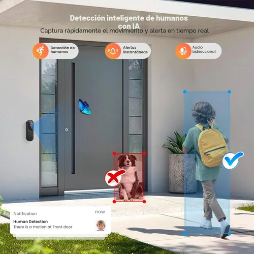 Miniatura 3 de GridTera Cámara de timbre de video inteligente inalámbrica, detección humana con IA y alertas instantáneas, visión nocturna, audio de 2 vías