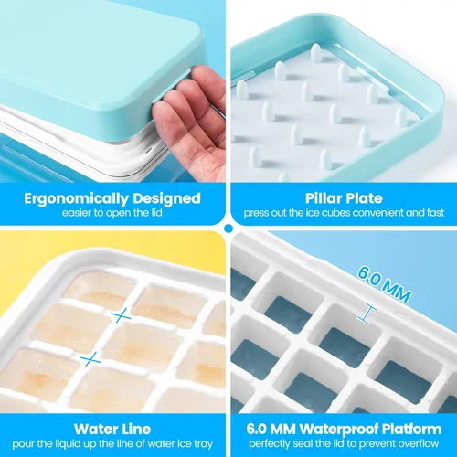 Miniatura 5 de Bandeja para cubitos de hielo con tapa y contenedor, 28 moldes para cubitos de hielo, bandejas de hielo para congelador, molde de bandeja para Azul