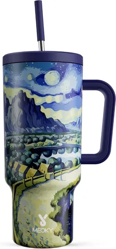 Miniatura 17 de Meoky - Vaso de 30 oz con asa, tapa y pajilla, taza de viaje térmica de acero inoxidable 100% a prueba de fugas, para portavasos, mantiene el frío