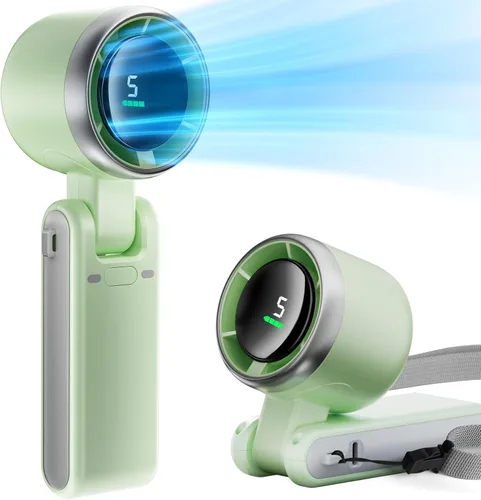 Ventilador de mano plegable, portátil de alta velocidad recargable de 10000 mAh, mini turbo con pantalla digital, bolsillo pequeño personal Verde