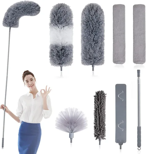 BOOMJOY Plumero de Microfibra de Plumas 7 PIEZAS, Plumeros Flexibles con Poste de Extensión de 100 Pulgadas para Limpiar Techos Altos, Ventiladores,