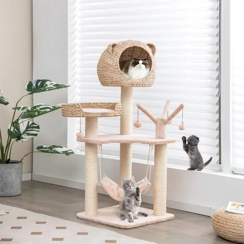 Miniatura 7 de PETSITE Árbol tejido para gatos, moderna torre para gatos con hamaca y postes rascadores, condominio de cola de espadaña y percha superior, árbol