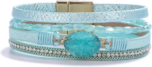 Miniatura 222 de FANCY SHINY - Pulsera de cuero estilo bohemio, pulsera de cuentas de cristal con cierre magnético, regalos de joyería para mujer