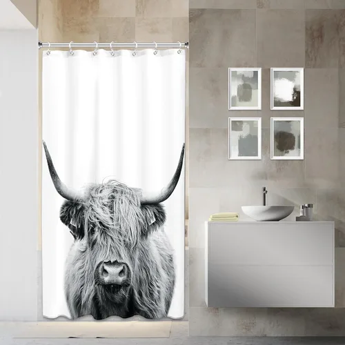 AMBZEK - Cortina de ducha pequeña para establo con vaca de las tierras altas, 36 pulgadas de ancho x 72 pulgadas de largo, toro occidental, diseño