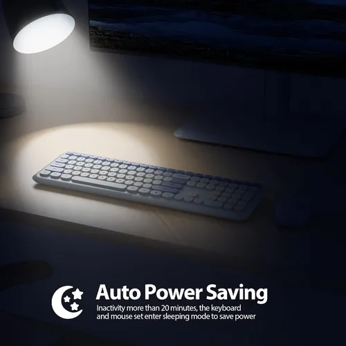 Miniatura 6 de Combo de teclado y mouse inalámbricos de 104 teclas, tamaño completo, color azul con teclas redondas silenciosas, ideal para portátiles y Azul blanco