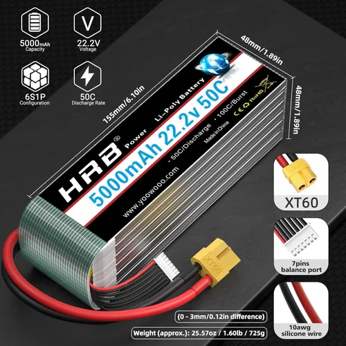 Miniatura 2 de HRB 6S 5000mAh 22.2V 50C Lipo Batería XT60 Plug Adecuado para RC Quadcopter Helicóptero Avión Coche Barco Camión