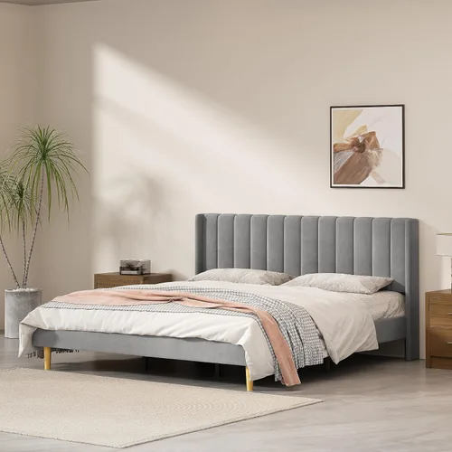 Miniatura 13 de Base de cama Queen con cabecero, base de cama de plataforma con respaldo de terciopelo vertical copetudo, soporte de listones de madera, no necesita